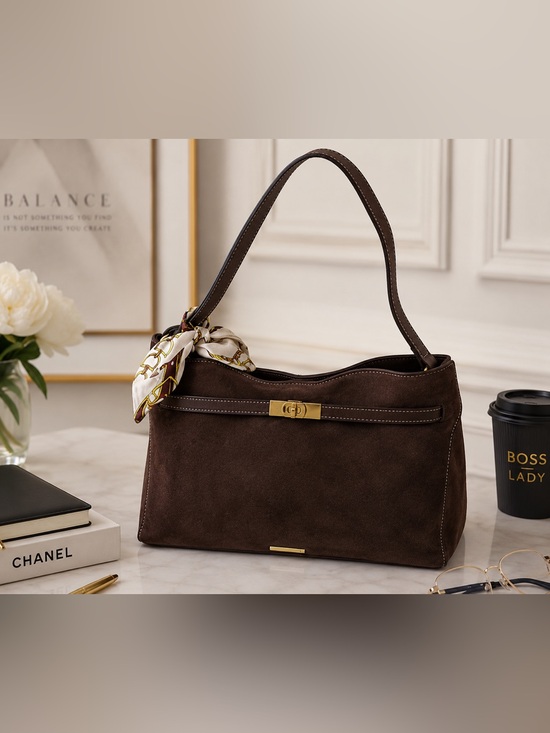 Handbags - NWOT . Classic Brown Shoulder Bag with Gold Hardware. Leathery  Suede
